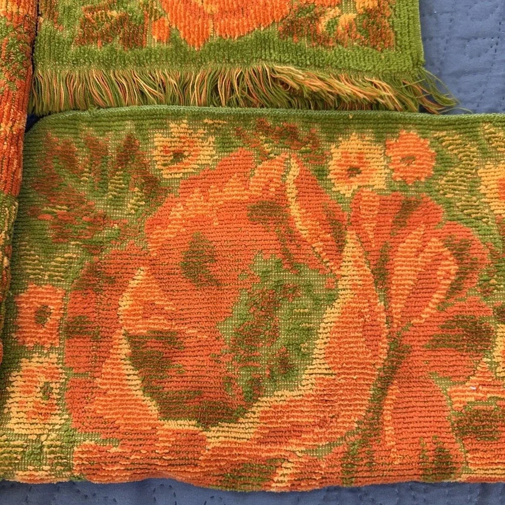 VTG Fieldcrest Orange Green Poppies 3 Towel Set Bath, Hand Towel and Washcloth